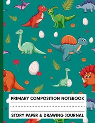 Primary Composition Notebook: Dinosaur Pattern Primary Story Journal. Dotted Midline and Picture Space. Grades K-2 Composition School Exercise Book