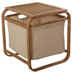 DRW Tabouret en Bois de Bambou avec Panier en Tissu Lin écru 45 x 45 x 50 cm