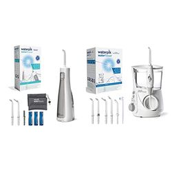 Waterpik Irrigador Inalámbrico con Agua a Presión Portátil con Batería Resistente al Agua para Eliminación de Placa Dental + Irrigador de Sobremesa Profesional