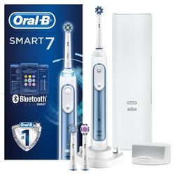 Oral-BSmart 7 7000N CrossAction Brosse à Dents électrique, 1 Poignée Connectée à l'application Bleu, 5 modes, capteur de pression, 3 têtes, étui de voyage, cadeau, Affichage du mode visible