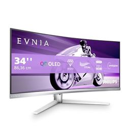 PHILIPS Evnia 34M2C8600-34 inch gebogen WQHD-gamingmonitor, QD OLED, 175Hz, 0,1 ms GTG, HDR 400, ambiglow, in hoogte verstelbaar, luidsprekers, Smart Image (3440 x 1440, HDMI 2.0/DP 1.4/USB-C)