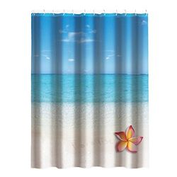 MSV Rideau de Douche Polyester 180x200cm Motif Paradise Bleu & Blanc -Anneaux Inclus