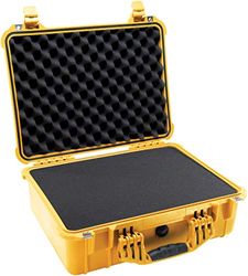 PELI 1520 professionell stötsäker transportlåda, IP67-vatten- och dammtät, 24 liters kapacitet, tillverkad i Tyskland, med anpassningsbar skuminredning, gul