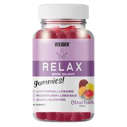 Weider Relax Gummies (40 Gommes) Goût Punch d'Agrumes. Gommes contenant L-Théanine, L-Tryptophane, extraits de Passiflore et Mélisse, Vitamine B6. Aide à la Relaxation. Sans Sucres, Sans Gluten.