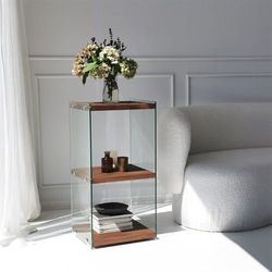 Elegancka półka na książki z litego drewna, 40 cm szer. x 80 cm wys. x 35 cm śr. | 100% szkło hartowane | naturalne wykończenie, demontowana do łatwego montażu | idealna do domu i biura