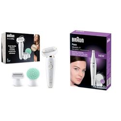 Braun Silk-épil 9 Flex Epilator, Flexible Head for Easier Hair Removal, White/Gold & FaceSpa Face Epilator, Hair Removal with Facial Cleansing Brush Head, 100% Waterproof, SE810, White