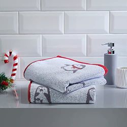 Fusion Lot de 2 essuie-Mains 100% Coton Jacquard Motif Pingouins de Noël Gris et Rouge 50 x 90 cm