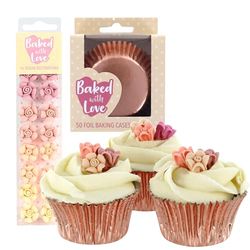 BAKED WITH LOVE Rose Gold Cupcake Decorating Kit, 50 Foil Cases and 16 Flower Sugar Baking Decorations, Create Cupcakes for Mother's Day, Birthdays, Baby Showers, Anniversaries