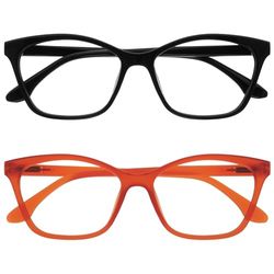 OPULIZE KAT Gafas de Lectura - Pack de 2 - Elegante Montura Ojo de Gato - Negro y Naranja - Hombres y Mujeres - Bisagras de Muelle - RR59-1G - +3.00