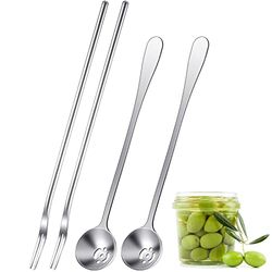 Didaey 4 Pcs 8.7 Inch Pickle Fork and Olive Spoon Strainer Set Stainless Steel Long Handle Pick Jar Serving Spoon with Drain Hole Spoon Prong for Onion Cucumber Arugula (Classic Style)