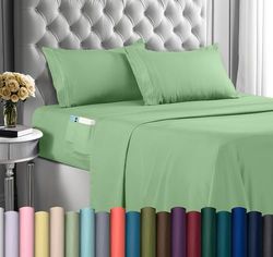 Utopia Bedding Queen lakanset – mjukt mikrofiber 4 delar lyxiga lakan med djupa fickor – broderade örngott – sidoförvaringsficka dra-på-lakan – platt lakan (salvia)
