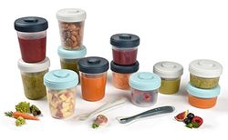 BÉABA, Set van 12 Bewaarbakjes en 2 Siliconenlepels, met clip, Stapelbare en in elkaar passende bakjes, 100% luchtdicht, Maataanduiding, Invriezen, Moedermelk (2x90 ml & 4x150 ml & 6x250ml), Storm