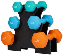 Signature Fitness Juego de mancuernas con revestimiento de neopreno con soporte (3 libras, 5 libras, 8 libras), multicolor