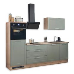 Marseille Kitchenette moderne sans appareils électriques en vert roseau, aspect chêne San Remo - Cuisine encastrée spacieuse avec beaucoup d'espace de rangement - 260 x 200 x 60 cm (l x H x P)