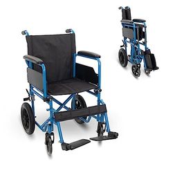 Mobiclinic®, Fauteuil roulant pliable, Marsella, Roulettes à dégagement rapide avec bouton, Robuste, Siège 46cm, Repose-pieds pliants, Accoudoirs pliables, Poignée de frein, Roues 12", Bleu