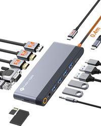 NOVOO Docking Station USB C con Pantalla cuádruple, Adaptador multiporta para portátil 14 en 1 Monitor Doble, DP 8K@30 Hz, Doble HDMI 4K@60 Hz, VGA, 5 USB 3.1, PD 100W, Ethernet, SD/TF, Mic/Audio