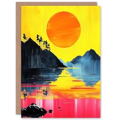 Artery8 Greeting Card Guilin China Sunset Vibrant Abstract Painting Blank For Him Or Her Art Birthday Card