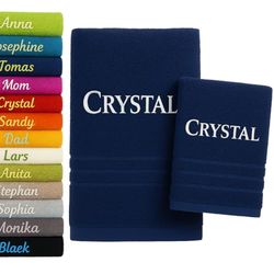 Asciugamano da bagno e asciugamano personalizzati da 2 pezzi con nome splendidamente ricamato Asciugamano personalizzato Confezione da 2 140x70 cm + 100x50 cm (Blu)