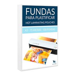 RAYLU PAPER - Pack de 100 fundas para plastificar, transparentes, acabado brillante, láminas térmicas para plastificar, fundas para plastificadora, láminas de plástico (75 micras, A3)