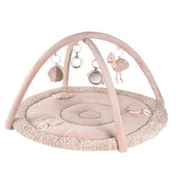 Fehn Flamingo - Manta de actividades en relieve con flamencos, arco de juego con 5 juguetes desmontables, para bebés en posición tumbada, sentada y a gatas, para bebés e infantil desde 0 meses