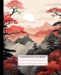 Composition Notebook College Ruled: Elegant Art Illustration of Mountain Fog and Red Sunset | For School, College, Office, Work | Wide Lined