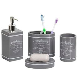 Home Basics Design 4-Piece Ceramic Bathroom Set, by (Grey) Ensemble de Salle de Bain en céramique Motif Paris Gris, No Size