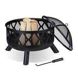 relaxdays Brasero de Jardin, avec Protection étincelles, Ø 62 cm, tisonnier Inclus, terrasse, bac à feu, Acier, Noir