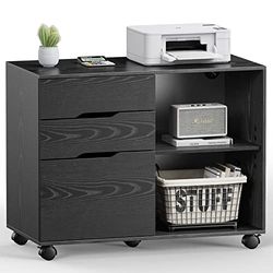 Sweetcrispy Meuble de bureau à roulettes avec roulettes, meuble de classement mobile avec 3 tiroirs, espace de rangement fermé et ouvert, armoire sous bureau pour papier A4, support d'imprimante, noir