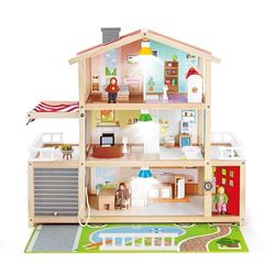 Sustainable Wood Toy, Hape Doll Family Mansion Playset With 4 Figures, 6 Rooms, 2 Balconies, 7 Room Sets and Barbecue. 3 years +