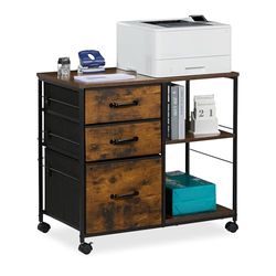 Relaxdays Mobile Cabinet, 3 Drawers, Suspension Files, Industrial Style Shelves, 68x75x40 cm, Office, Brown/Black