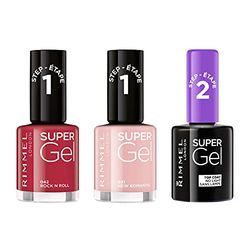 Rimmel London Set Smalti Unghie Super Gel, Nail Polish Effetto Gel a Lunga Durata, 001 Top Coat, 021 New Romantic, 042 Rock N Roll