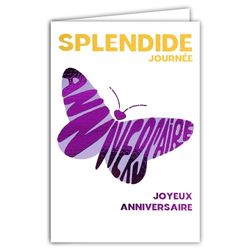 69-9012 Gelukkige verjaardagskaart + envelop, 12 x 17,5 cm, vlinderwoord, roze, fuchsia, glanzend, in silhouetvorm, voor meisjes en vrouwen, gepassioneerd door Lepidoptera, gemaakt in Frankrijk