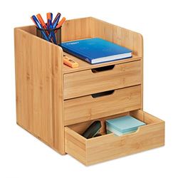 Relaxdays bureau organizer, 3 lades, van bamboe, voor kantoorartikelen, HxBxD: 33 x 30 x 31 cm, mini ladeblok, naturel