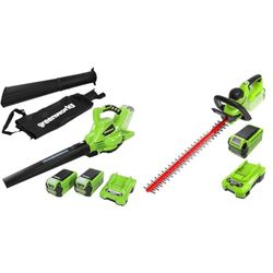 Greenworks GD40BVK2X Soplador Aspirador de Hojas a Batería con Motor sin Escobillas, 280 km/h, 9,63 & G40HT61K2 Cortasetos a Batería, Cuchillas de Doble Acción 61 cm