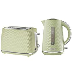 Daewoo Cascade Kettle & Toaster Set – 1.7L Rapid Boil Electric Kettle & 2 Slice Toaster Bundle – Sage Ribbed Finish, Adjustable Browning, Reheat & Defrost, Removable Crumb Tray, Limescale Filter