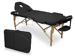 WELLCORE - Lettino da massaggio pieghevole in legno, con schienale ribaltabile, Plus, 185 x 65 cm, in ecopelle, altezza regolabile, testa rimovibile, foro facciale, colore nero, fino a 225 kg