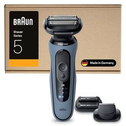 Braun Series 5 Electric Shaver, Up to 50 min, +2 Attachments, Cordless, Wet & Dry Razor for Men, 100% Waterproof, 52-A1820SI, Azure