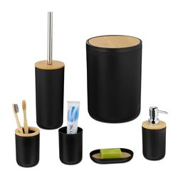 Relaxdays Set Bagno Completo, 6 Accessori, Kit WC in Plastica e bambù, Porta Spazzolini, Sapone e Saponetta, Nero Naturale