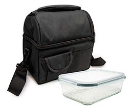 NERTHUS Thermal Bag with Double Floor Black + 1 Litre Glass, 24 x 15 x 24 cm