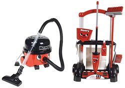 Casdon 728 Henry Toy Vacuum Cleaner for Children Aged 3+ | Looks and Works Just Like The Real Thing, Red & 630 Henry-Inspired Toy Cleaning Trolley for Children Aged 3+ | Wheels Around Room, Red