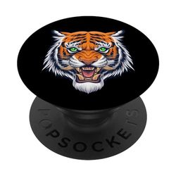Cabeza de tigre con ojos verdes - Gráfico feroz de rodamiento de dientes PopSockets PopGrip Adhesivo