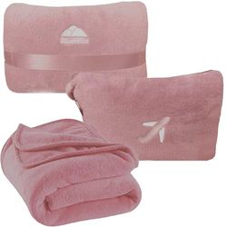BlueHills Travel Blanket Pillow in Mini Soft Case Premium Plush Airplane Blanket in Soft Bag Compact Pack with Luggage Belt and Backpack Clip - Dusty Rose Pink M02