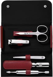 ZWILLING Set de Manicura Tamaño Viaje 5 Piezas con Cortauñas en Estuche 100% Piel, Rojo