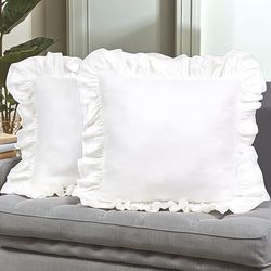 Lemfux Juego de 2 Fundas de Almohada de algodón Blanco con Volantes de 24 x 24 Pulgadas, Fundas de Almohada Decorativas Estilo Desgastado y Chic