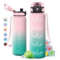 Waterfles, 1 l, sportfles, motiverend en lekvrij, herbruikbaar, voor jongens, meisjes, school, kleuterschool, fiets, gym