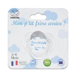 IRREVERSIBLE BIJOUX - Sucette, Tétine Physiologique pour Annoncer une Grossesse, femme enceinte - "Mon P'tit Frère Arrive !" - Cadeau Original Famille - Sans BPA - 0-6 Mois - Impression Française