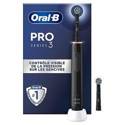 Oral-B Pro 3 3000 Brosse À Dents Électrique Oscillo-Rotative, Capteur De Pression Pour Protéger Les Gencives Sensibles, Mode Blancheur, 2 Brossettes Rondes De Rechange, 1 Chargeur, Noire