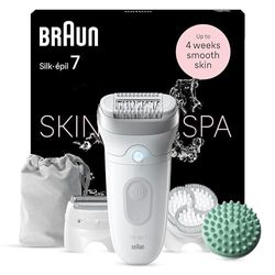 Braun Silk-épil 7 SkinSpa Depilatore Donna, Epilatore Elettrico Donna Con Testina Ampia Per Una Epilazione Facile, Wet & Dry, Pelle Liscia a Lungo, Kit Tutto-In-Uno, 7-081, Bianco/Argento