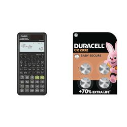 Casio FX-87DE PLUS-2 Vetenskaplig Skolräknare, Svart, 16.4 x 8.2 x 1.9 cm & Duracell 2032 litium-Knappcellsbatteri 3 V, (DL2032/CR2032), för elektroniska nyckelbrickor, förpackning med 2, paket med 4