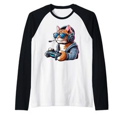 Divertente gatto gamer in occhiali da sole e cuffie carino gamer bambini Maglia con Maniche Raglan